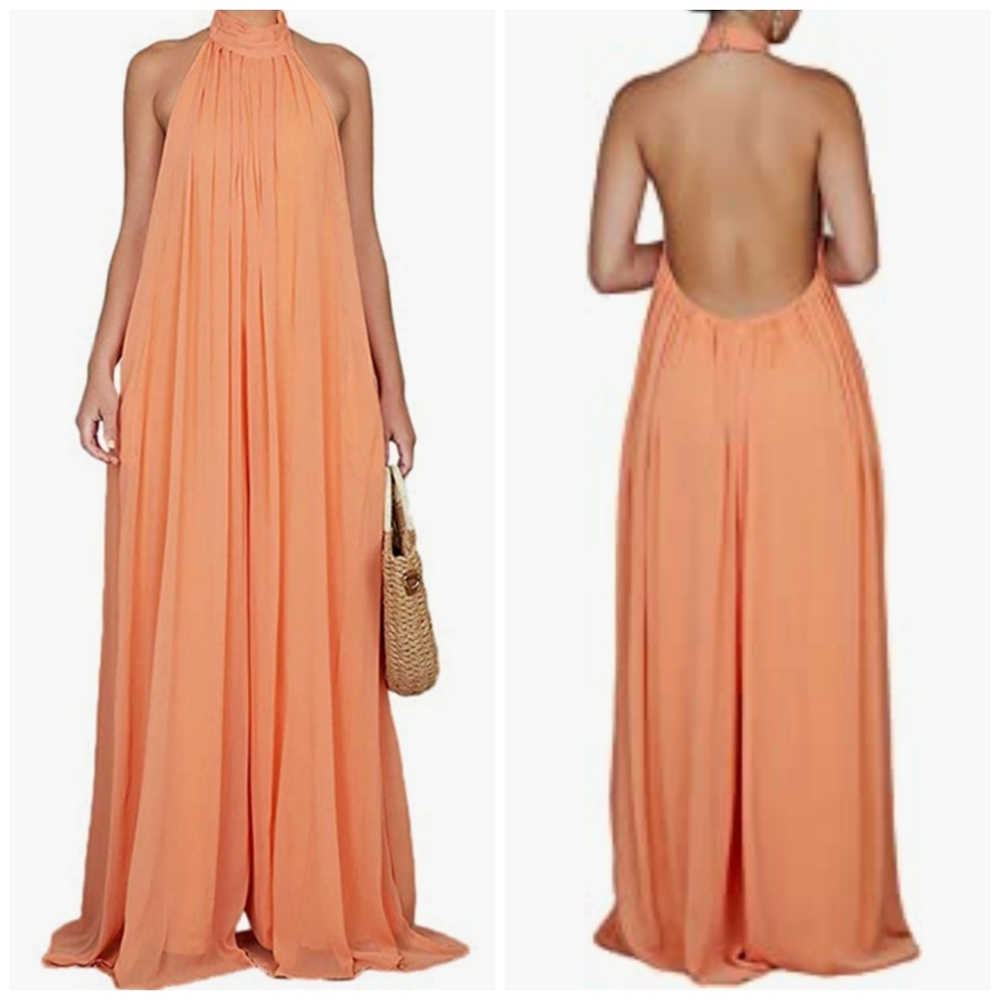 Backless Halter Maxi Dress in Peach